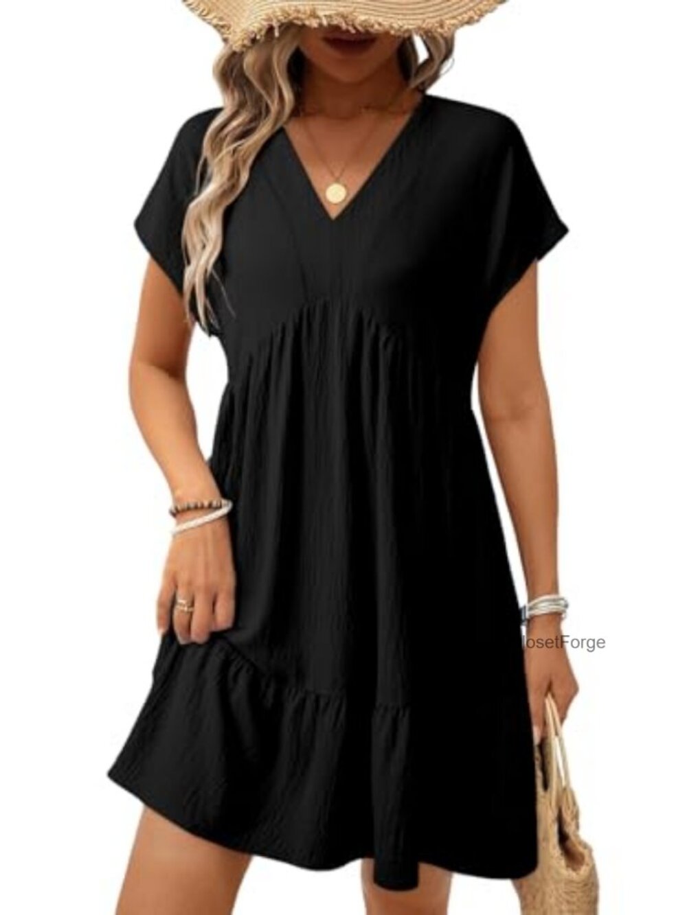 Women's Babydoll Mini Dress Short Sleeve V-Neck A-Line Swing Summer Dress